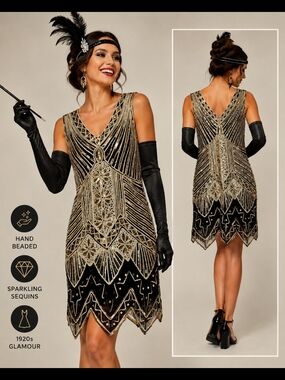 Gold & Black Beaded Flapper Dress - Vintage 1920s Style- Size Medium